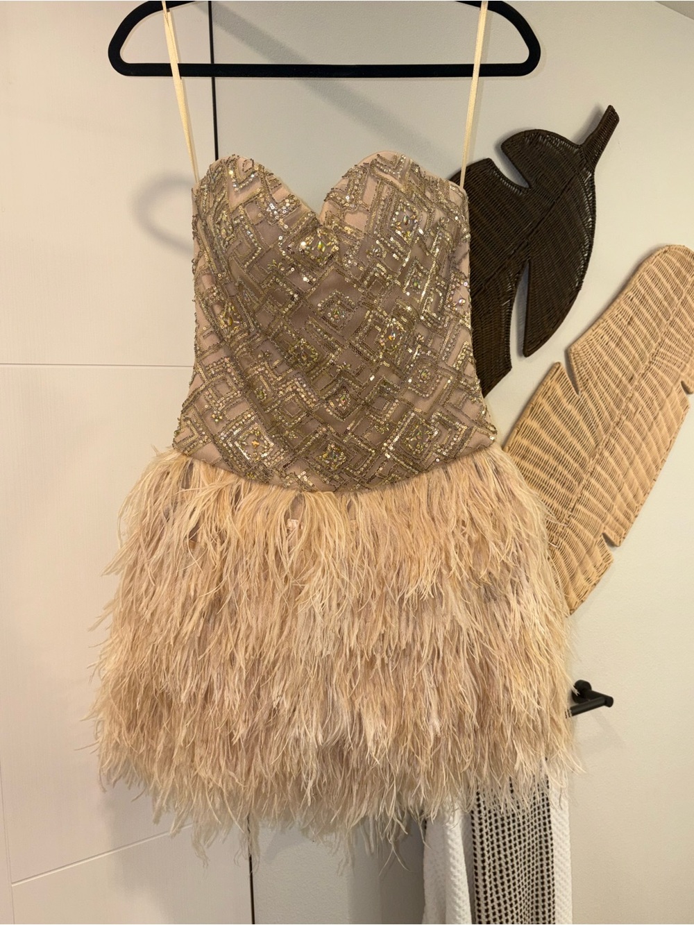Source Unknown Blush Sequin Embellished Strapless Feather Mini Dress - Picture 9 of 16